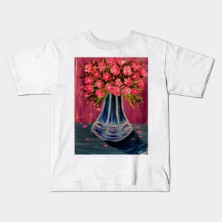 Pink and white abstract flowers in a blue glass vintage vase Kids T-Shirt